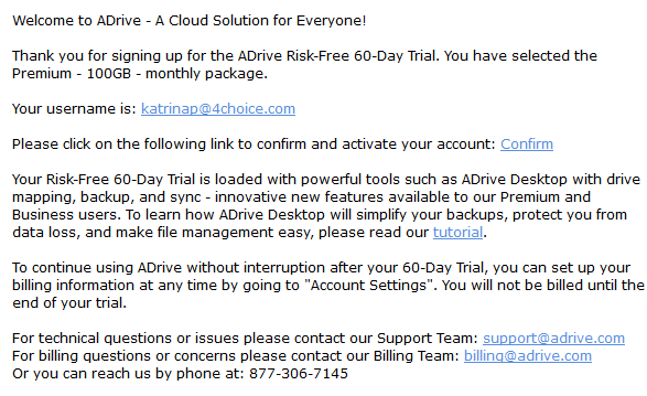 adrive email welcome